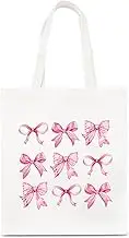 Whaline Pink Bow Canvas Tote Bags Watercolor Pink Bow Shopping Bag Reusable Gift Goodie Bag for Gifts Wrapping Storage, Pink, 13.4 x 15.7 Inch