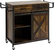 HOMCOM Industrial Kitchen Cart, Rolling Kitchen Island with Adjustable Shelf, Two Drawers, Sliding Barn Door Cabinet and Towel Rack, Rustic Brown