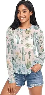 [AIXIWAWA] Cute Cactus Women's Long Sleeve Mesh Sheer Top, Sexy See-Through Blouse for Party, Evening Wear S