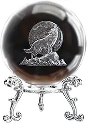ZEERSHEE 3D Crystal Wolf Figurines Wolves Gifts for Man Women 60mm Glass Laser Ball Paperweight with Stand Howling Wolf with Moon Statue Etched Glass Wolves Decor for Home