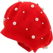 [WRITWAA] Luxury Cashmere Pearl Beret for Women Heavy Work Beret Beaded Rivet Wool Beret Timeless Hat Accessory Red