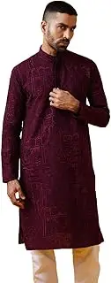 [Sojanya] (Since 1958 Men'S Cotton Silk Kantha Thread Embroidered Long Kurta