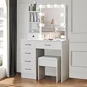 White Modern Vanity Desk Table with Sliding LED Lighted Mirror, Makeup Dressing Table with 5 Drawers and Cushioned Stool for Bedroom Furniture Dresser, Vanity Set with Lights for Girls