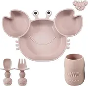 PandaEar Silicone Baby Feeding Set| Silicone Divided Suction Crab Plate and Tiny Cup with Spoons & Forks| Baby Led Weaning Supplies Self Feeding Eating Utensils -Pink