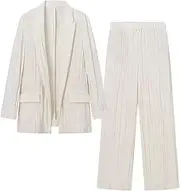 [Zadaos] Women Two Peice Sets Pleated Open Stitch Notched Blazer + Wide Leg Trousers Office Lady Sets