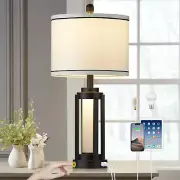 26" Modern Table Lamp with USB A+C Charging Ports & AC Outlet, Industrial beside