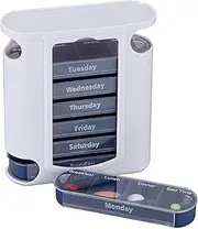 Relaxdays 7-Day Pill Tower, Weekly Medicine Boxes, 4 Compartments, Sliding Lids, White/Blue, Standard