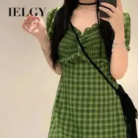 在飛比找蝦皮商城優惠-IELGY 洋裝連衣裙女綠色格子輕熟風法式收腰長裙