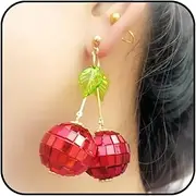[oaaua] Cherry Earrings Disco Ball Dangle Earrings Mirrored Disco Ball Earrings Cute Red Cherry Earrings Disco Accessories Costume Jewelry