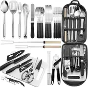 JiaoZoum Portable Camping Kitchen Utensil Set-27 Piece Cookware Kit, Stainless Steel Outdoor Cooking and Grilling Utensil Organizer Set for Travel, Picnics, Camping, BBQs, Parties