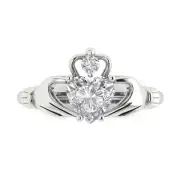 14K White Gold Claddagh Promise Ring, 1.05 ct Heart Cut Simulated Diamond