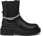 [EVERAU] UGG Boots Women Leather Ankle Fashion Boots Removable Metal Chain Decor Cheska