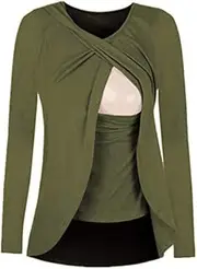 [Sheleau] Women's Long Sleeve Nursing Maternity Pregnant Breastfeeding Tops Blouse (XL, Army Green)