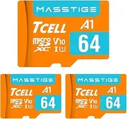 TCELL MASSTIGE 64GB 3 Pack microSDXC Memory Card with Adapter - A1, UHS-I U1, V10, Micro SD Card, Read up to 100 MB/s, Full HD