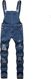[Generic] Mens Denim Dungaree Bib Overalls Jumpsuits Wash Distressed Pocket Casual Jumpsuit Jeans Vintage Ripped Suspender Pants, Navy Blue, Large, Classic, Navy Blue, Large, Classic