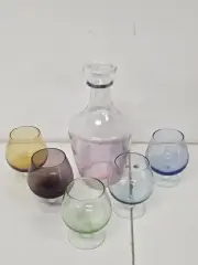 France Glass Brandy Decanter Bottle Pink Rose Ombré Multicolor Snifters Set of 6