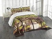 Lunarable Tropical Bedspread, View of Tropical Garden Through a Panoramic Window Summertime Palm Tree, Decorative Quilted 3 Piece Coverlet Set with 2 Pillow Shams, King Size, Black Brown