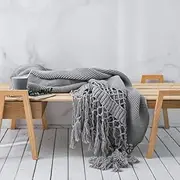 Knitted Acrylic Blanket Bed Sofa Tassel Throw Rug Blanket 125x180cm (Smoke Grey)