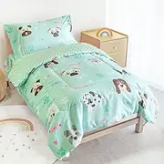 TinyPalsa Toddler Bedding Set, 4 Piece Soft Minky Fleece Quilt Crib Bedding Set for Girls and Boys, Soft and Lightweight Toddler Bed Set (Green Dog)