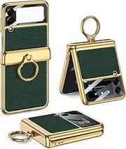 Leather Magnetic Folding Case for Samsung Galaxy Z Flip 4 5G, All-Inclusive Phone Protective Cover for Z Flip4, Anti-Drop Shell with Electroplating Ring