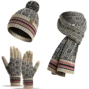 Winter Hat Scarf Glove Set 3 Pieces Beanie And Touch Screen Gloves Sets Fleece Lined Warm Knit For Women Beige