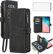 Asuwish Phone Case for Samsung Galaxy S10e Wallet Cover and Tempered Glass Screen Protector Leather Flip Credit Card Holder Stand Lanyard Wrist Strap Cell Accessories S 10e 10se Se10 Women Men Black