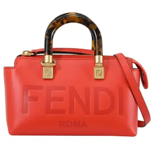 【FENDI 芬迪】Boston 經典大LOGO壓紋琥珀提把迷你手提包兩用包(紅)