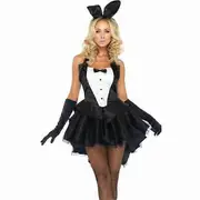 3Pcs Women Bunny Tuxedo Dress Gloves Headband Halloween Cosplay Costume Set black L
