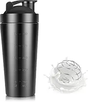 25-Ounce Stainless Steel Protein Shaker with Mixing Ball Wire Whisk, 25oz Shaker Cup for Protein Mixing Bottle with Stainless Steel Mixing Ball Wire Whisk and Filter, Protein Shaker Shake Blender