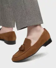 Firenze Atelier Men's Brown Suede Apron Toe Tassel Loafers Slip-on Dress Loafers