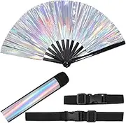 Large Folding Hand Rave Fan,Clack Handheld Fan,Portable Rave Fan with Storage Sleeve and Strap,for Festivals,Rainbow Outfits,Disco Party,Home Decoration and Cooling in Various Occasions