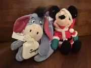 Disney Store - Mini Bean Bag Plush - Santa Mickey 7” and Sugar Plum Eeyore 7"