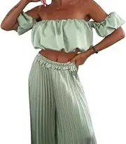 [Generic] Women’s Sexy Solid Color Top Wide Leg Pants Two Pieces Set,Crop tube top and Wide Leg Pants Sets