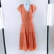 Parker Women Dress Orange Floral Print Cotton Peasant Tiered Sleeveless Midi
