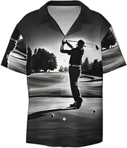 [YANYU] Black and White Golfs Print Hawaiian Shirts Men Short Sleeve Button Down Cuban Collar Shirt Summer Beach Days