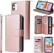 YocoverTech for iPhone 11 Pro Max Case, for iPhone 11 Pro Max Wallet Case[9 Card Slots+1 Cash Slot] PU Leather Stand Flip Zipper Wallet Cover[6.5 inch]-Rose Gold