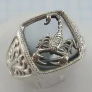 925 Sterling Silver Ring Signet US size 10.5 Scorpio Zodiac Scorpion Black Stone
