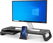 PHOCAR Desktop Monitor Stand with RGB Lights, Drawer, Phone Stand and USB Hub, Adjustable Width, Support up to 20KG, Compatible with All the Monitors, such as Samsung, LG, Philips