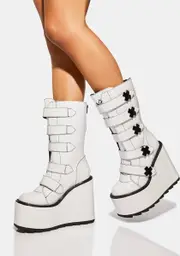 [Y.R.U.] White Patent Dune Strapped Platform Boots