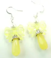 Yellow Briolette Agate Dangle Earrings Bows & Faux Pearls Handmade Jewelry