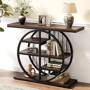 Tribesigns Rustic Entryway Console Table with Circle Base and Storage Shelves for Living Room, Hallway, Foyer, 100cm Wide