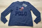 NWT Polo RALPH LAUREN Girls Sweater Blue L (12-14) Sequin HEART FLAG LONG SLEEVE