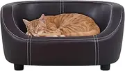 Dog Bed/White Sewing Thread Dog Sofa and Chair/Wooden Frame PU Pet Sofa Bed/Cat Sofa with Washable Velvet Cushion for Small Aanimals Rest Using（Brown (Brown)
