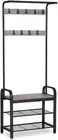 Greige and Black Steel Freestanding Coat Rack Stand with Removable Hooks, Bench