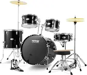 VEVOR Adult Drum Set, 5-Piece, 558.8 mm Complete Full Size Drum Kit with Bass Toms Snare Floor Drum Adjustable Throne Stands Cymbal Hi-Hat Pedal and Drumsticks, Beginner Drum Kit for Adults, Black