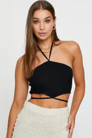 Black Halter Top Sleeveless - Size 14, Women's Crop Top