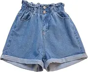 [Generic] Womens Jean Shorts High Waisted Jean Shorts with A Cuffed Hem Elastic Waist Loose Fit A-Line Denim Short