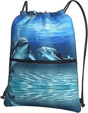 EdWal Dolphins In The Sea Print Drawstring Backpack Gym Bags Sports Bags With Zipper Pocket For Travel Beach, Black, One Size