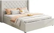Winged Grey Linen Fabric Seam Grid Pattern Gas Lift Metal Bed Frame in King Size