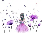 Pinenjoy Butterfly Girl Wall Stickers Flower Fairy Wall Decal Purple Tulip Floral Wall Mural Colorful Butterfly Wall Decor Removable Vinyl Wall Art for DIY Girls Bedroom Nursery Playroom